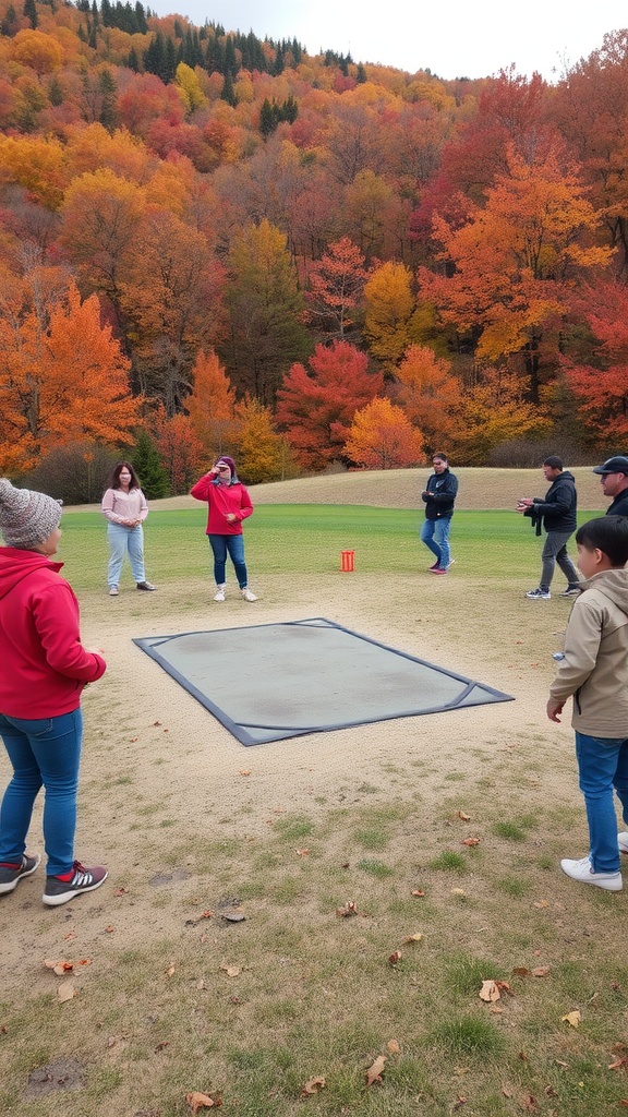 A group of people participating in an outdoor game surrounded by fall colors.