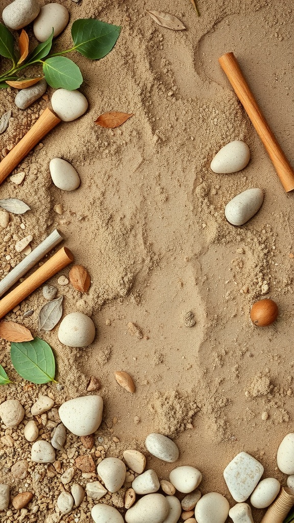 A sensory play area with sand, stones, wooden sticks, and leaves.