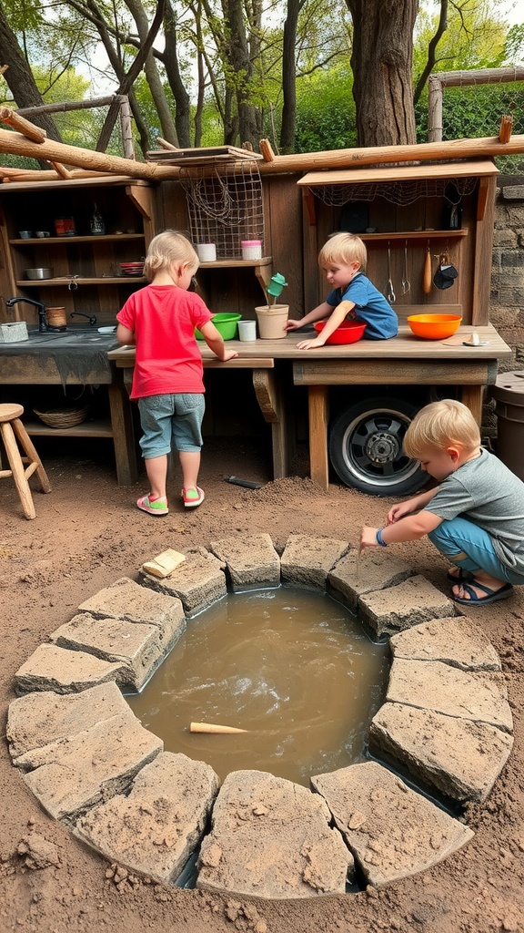 Children playing at a mud kitchen with a water feature, surrounded by natural elements.