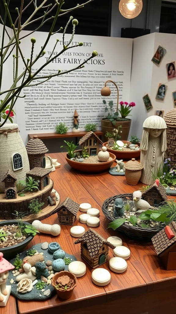 A creative fairy garden creation station with miniature houses and decorations.