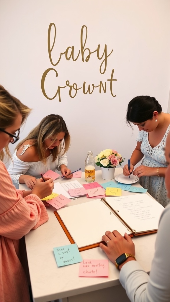 Guests writing notes on colorful sticky notes for a baby shower guest book.