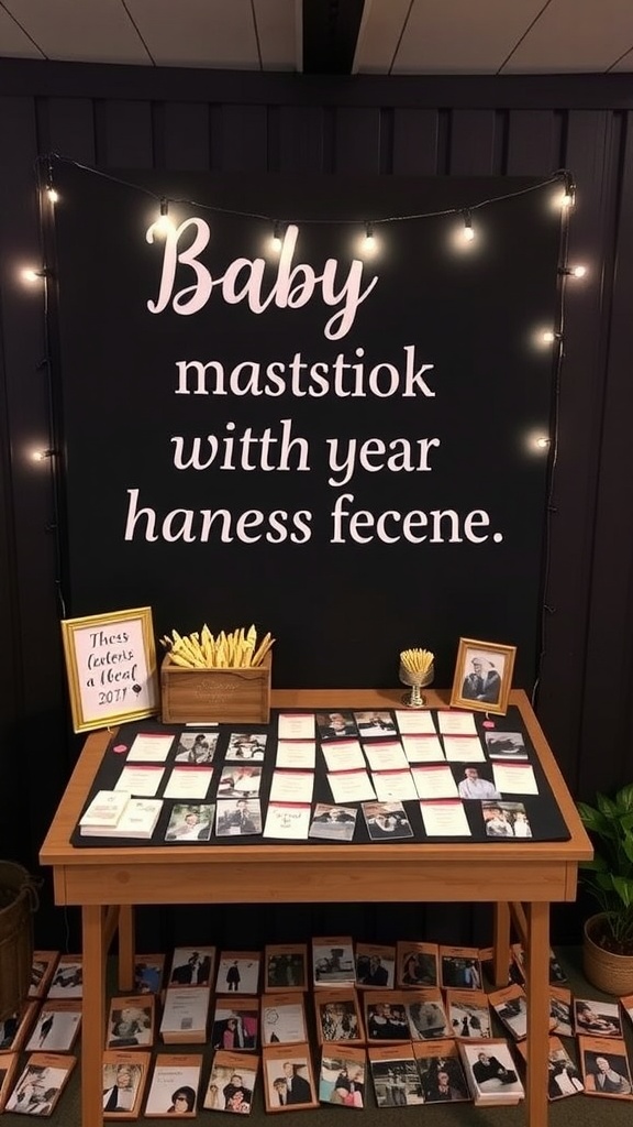An interactive guestbook station with a sign, cards for messages, and framed photos.