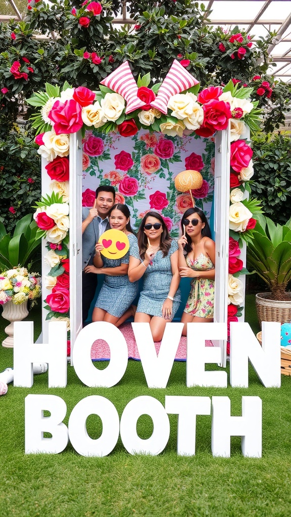 Interactive photo booth setup with floral decorations, bright colors, and guests posing with fun props.