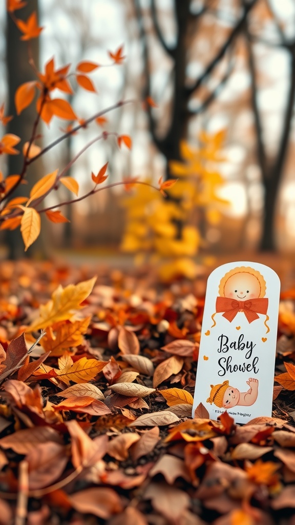 A baby shower invitation card surrounded by colorful autumn leaves.