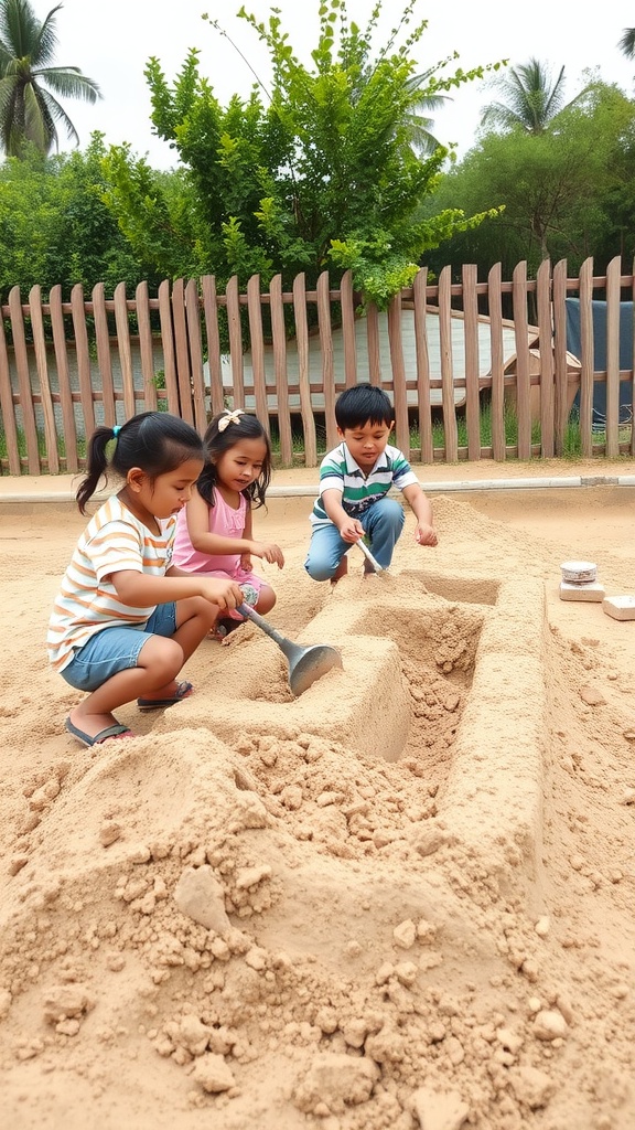 Three children playing and building in a sandbox.