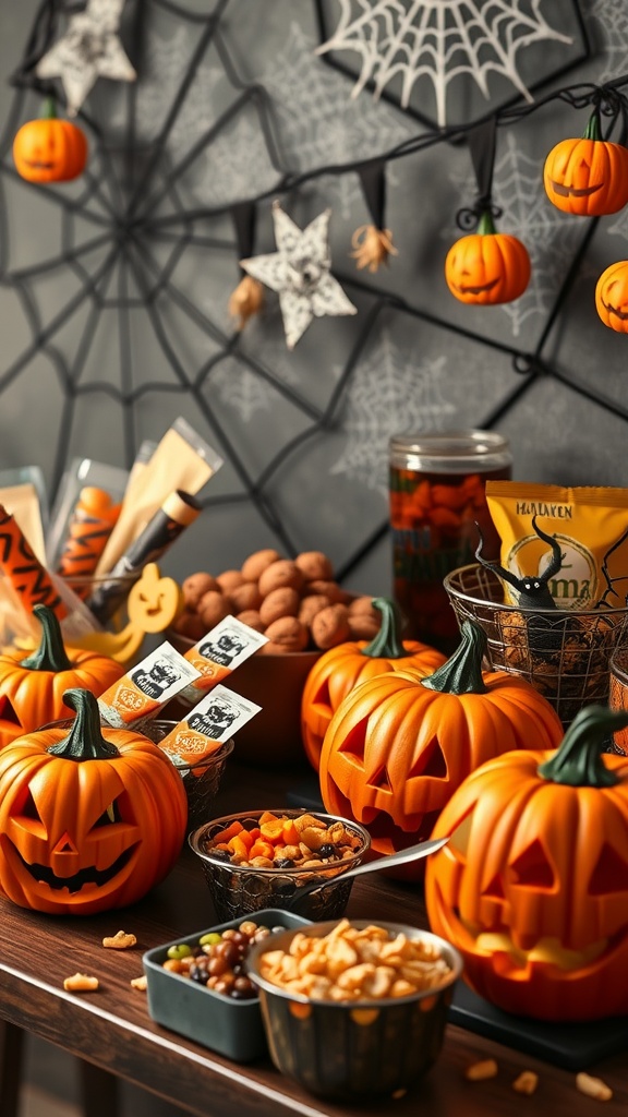 A festive snack bar decorated with Jack-O'-Lanterns and various treats for a Halloween baby shower.