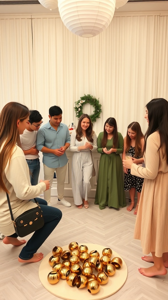Group of people playing the Jingle Bells game at a Christmas baby shower