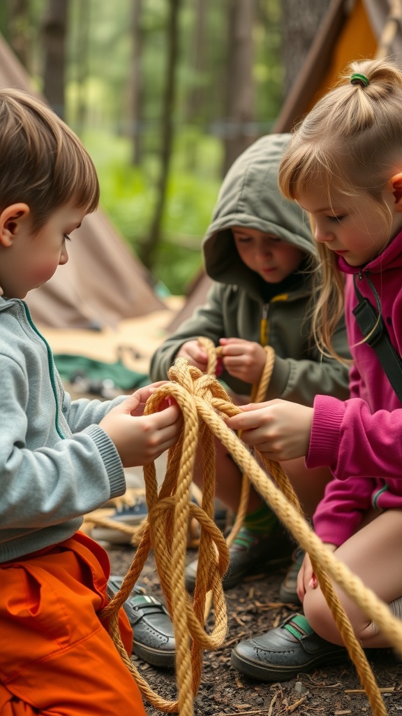 Children participating in a knot tying workshop at a campsite.