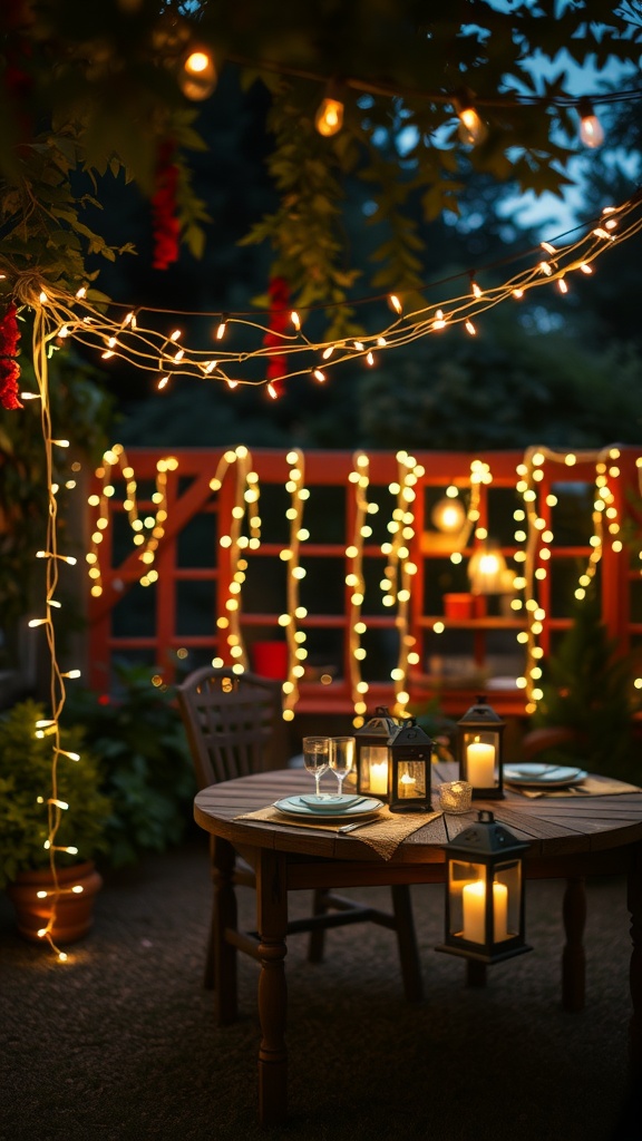 A cozy outdoor setting with fairy lights and lanterns for a baby shower.