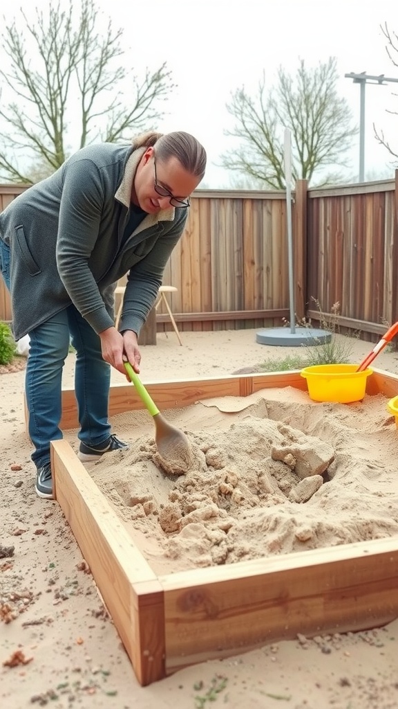 A person maintaining a sandbox, showing care and attention to detail.
