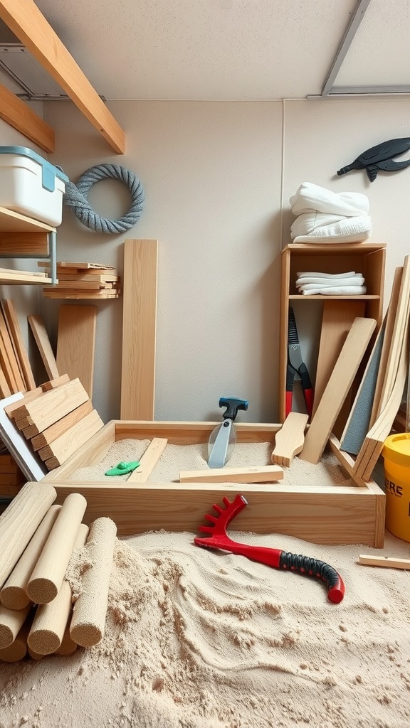 A workspace with wooden planks, tools, and sand, ready for constructing a sandbox.