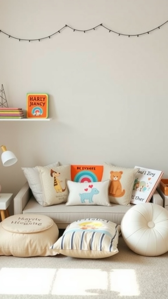 A cozy storytime corner with colorful cushions and children's books