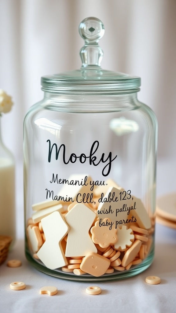 A glass jar filled with colorful tokens and handwritten wishes for a baby shower