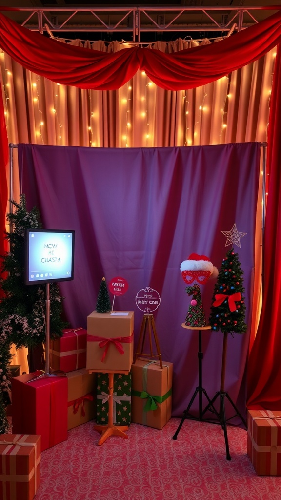 A festive photo booth setup for a Christmas baby shower featuring twinkling lights, colorful gift boxes, and playful props.