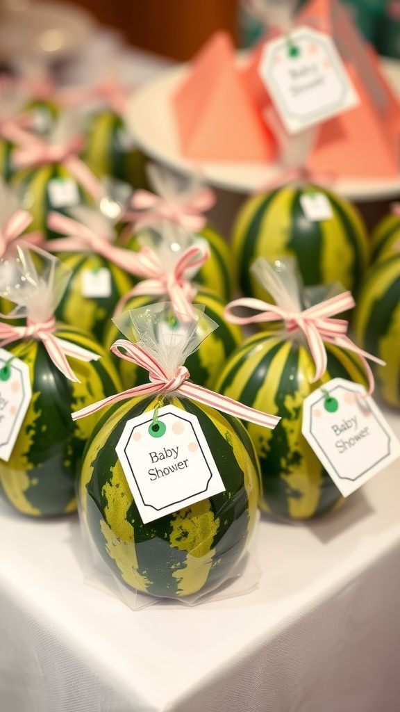 Mini watermelon favors for a baby shower, wrapped in clear plastic with tags and ribbons.