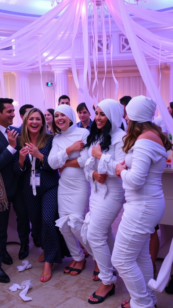 Participants playing the Mummy Wrap Game at a Halloween baby shower, wrapped in toilet paper and having fun.