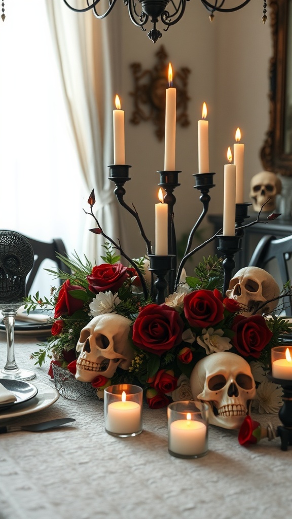 A spooky centerpiece featuring skulls, red roses, and candles.