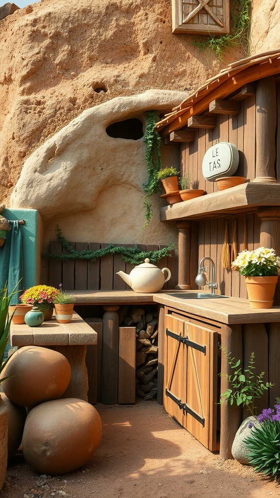 A beautifully designed mud kitchen made of wood and natural materials, featuring potted plants, decorative stones, and a rustic feel.