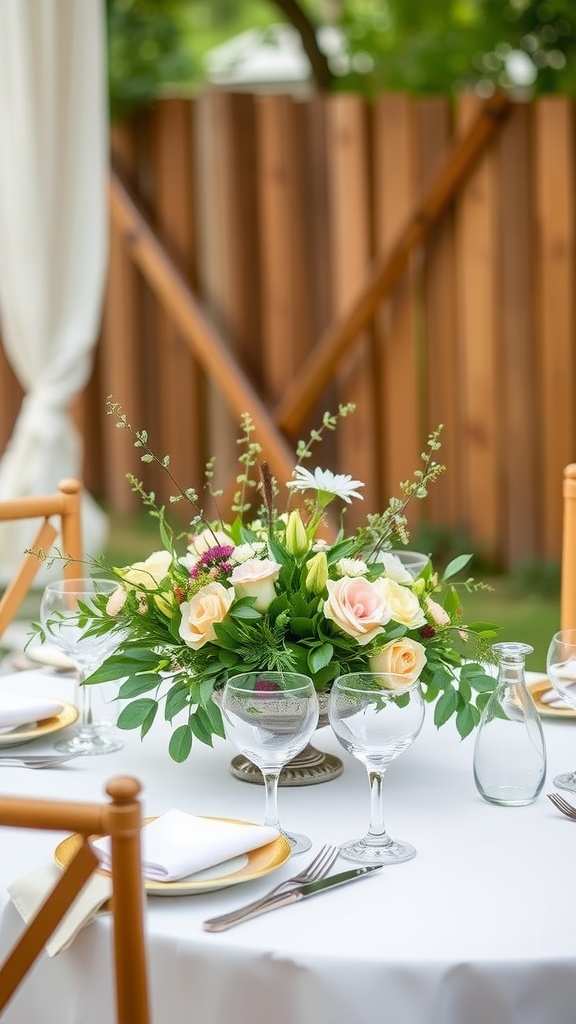 A beautiful floral centerpiece featuring roses and greenery on a table set for a backyard baby shower.