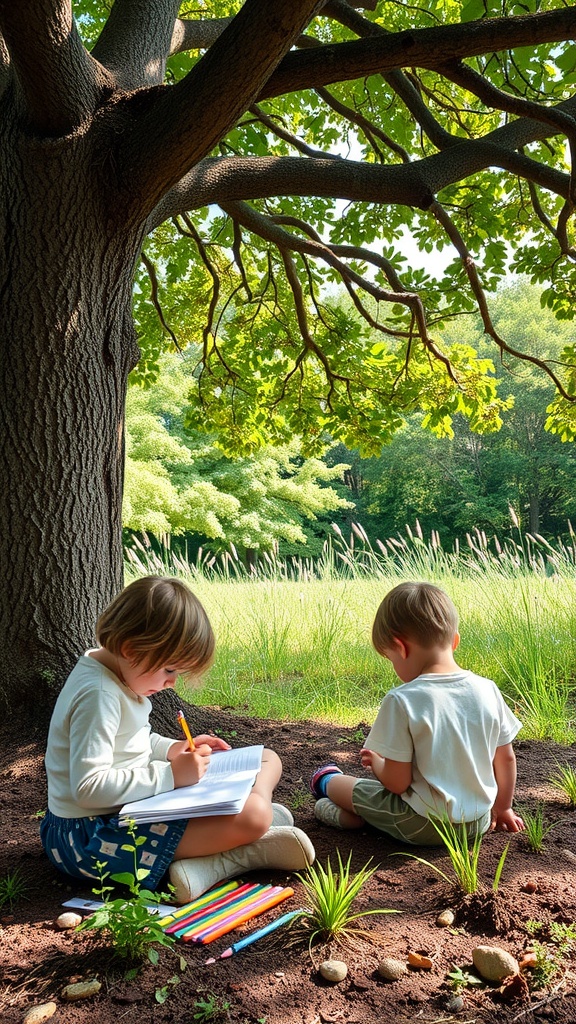 Children engaged in nature journaling under a large tree