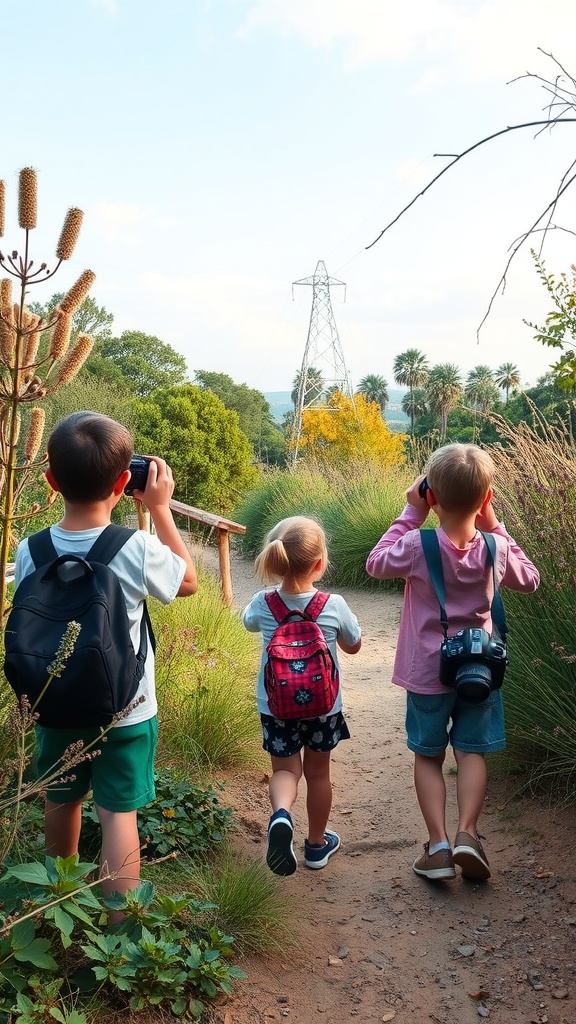 Three children with backpacks and cameras on a nature photography walk