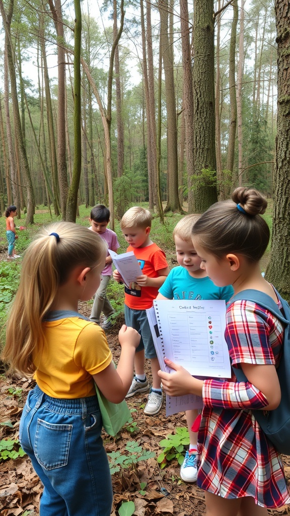 Children participating in a nature scavenger hunt in a forest, holding checklists.