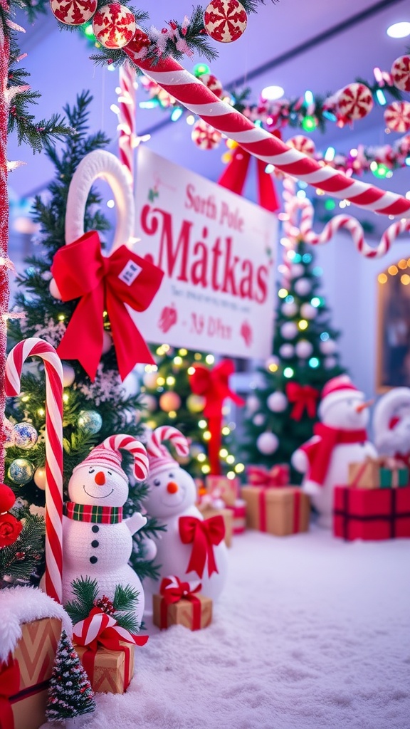 Festive North Pole baby shower decorations with snowmen, candy canes, and Christmas trees.