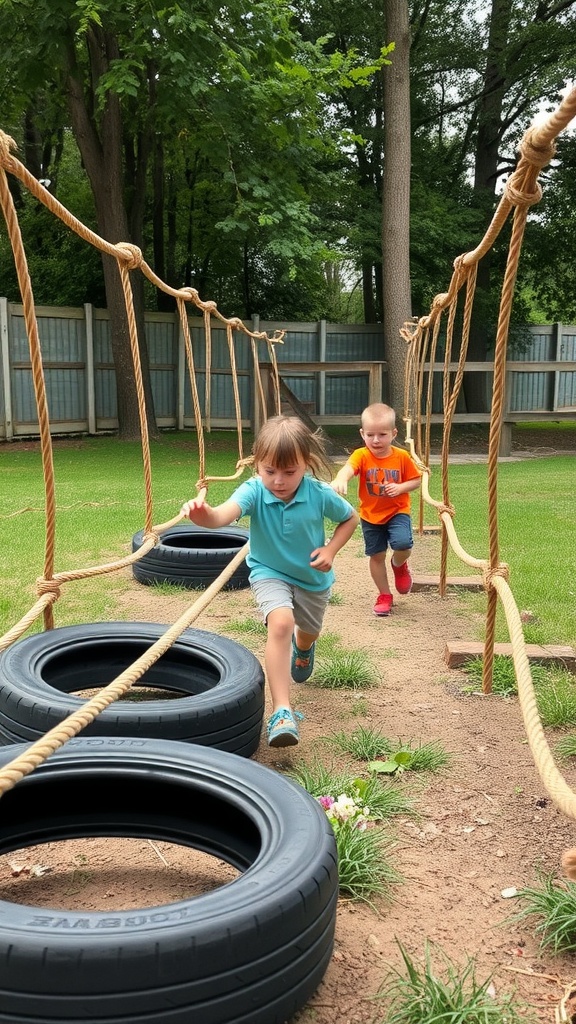 Two children playing on an outdoor obstacle course made of ropes and tires.
