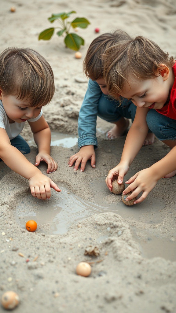 Three children digging in the sand, searching for treasures during an ocean-themed treasure hunt.
