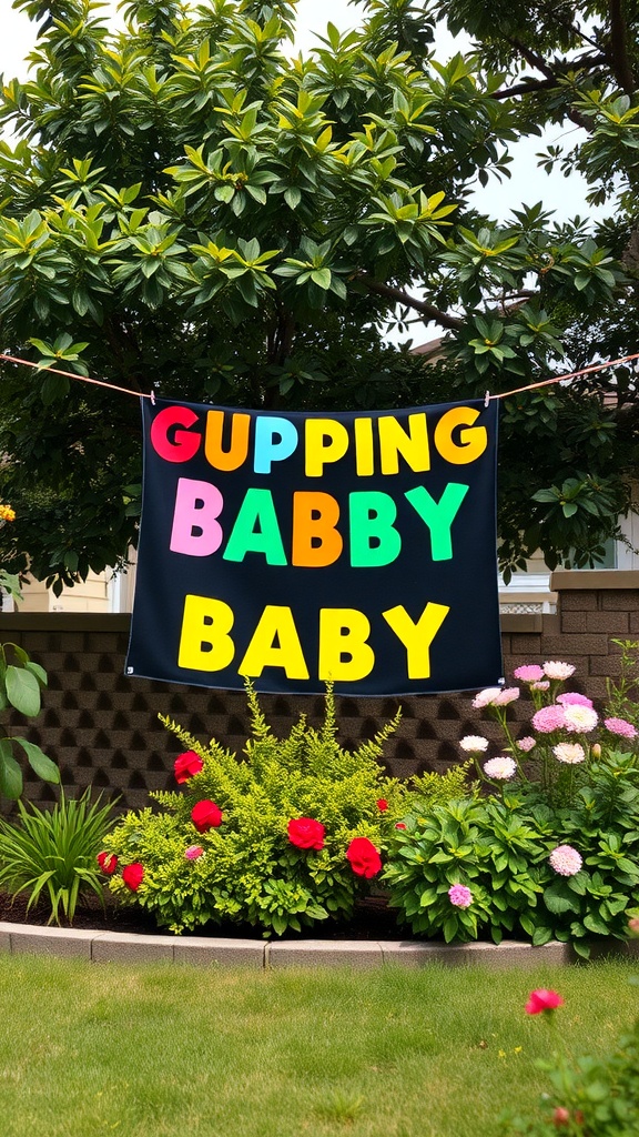 A colorful personalized baby shower banner that says 'GUPPING BABBY BABY', hanging in a garden 