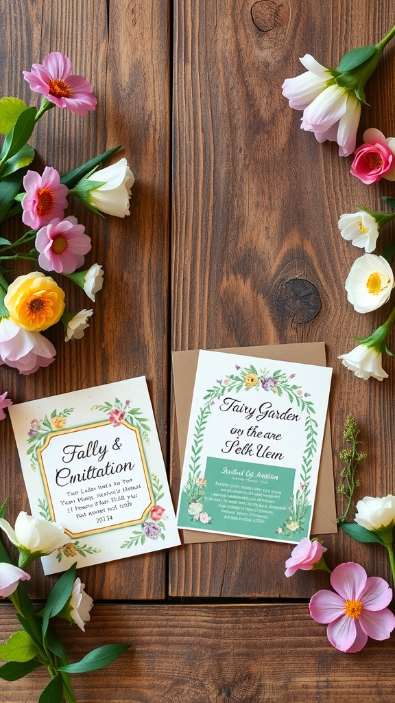 Two personalized fairy garden invitations surrounded by colorful flowers on a wooden table.