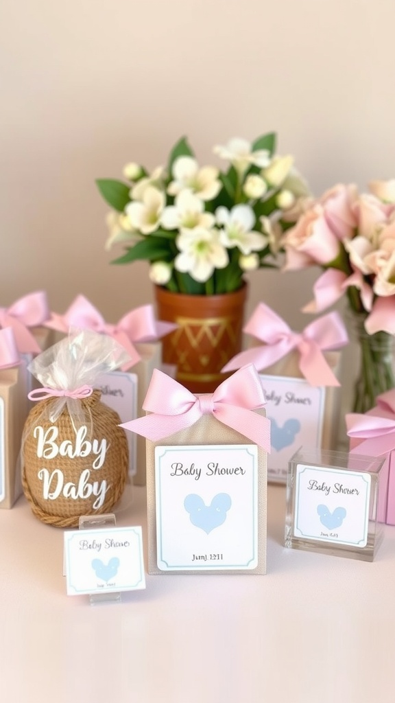 Personalized baby shower party favors displayed with pink bows and decorative tags