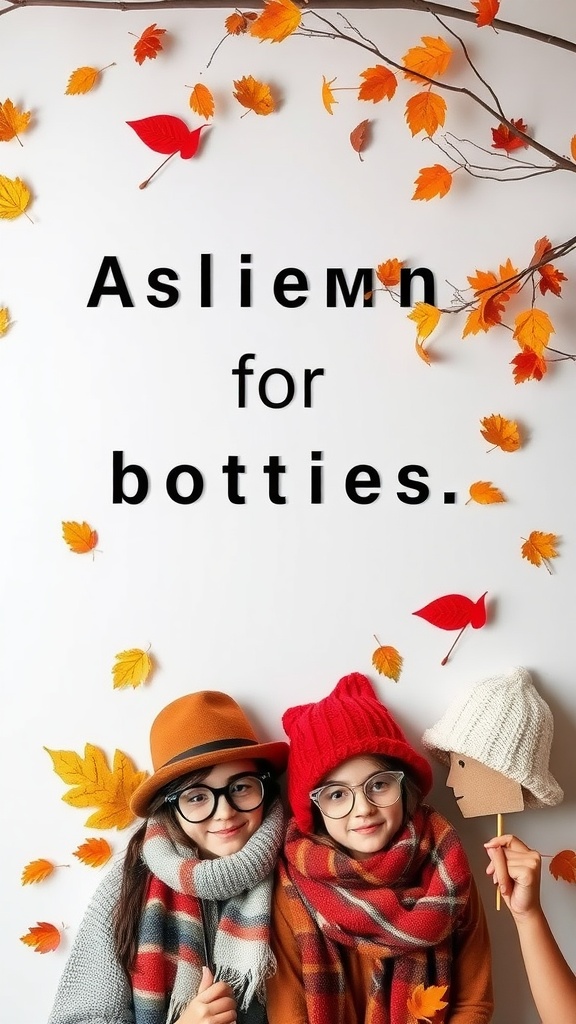 Two children in warm hats and scarves posing in front of a white backdrop decorated with autumn leaves.