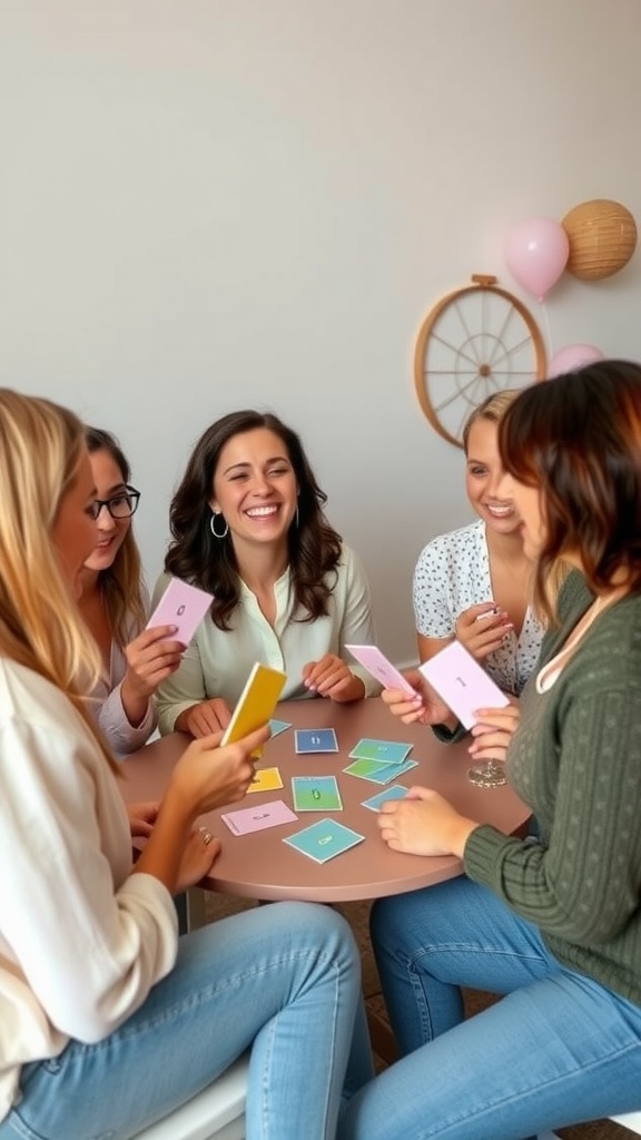 Group of friends playing card games at a baby shower