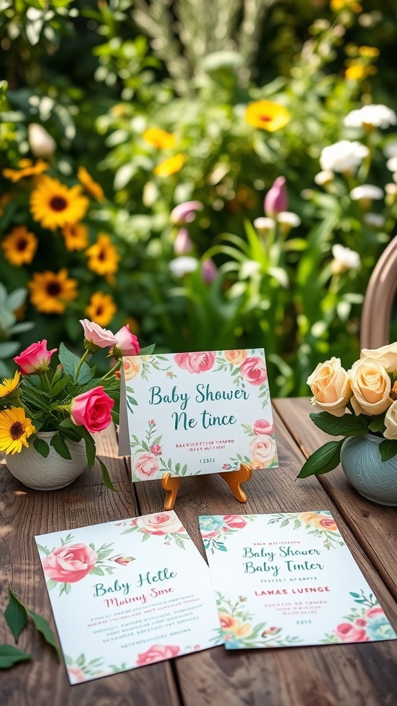 Colorful floral baby shower invitations on a wooden table, surrounded by flowers.