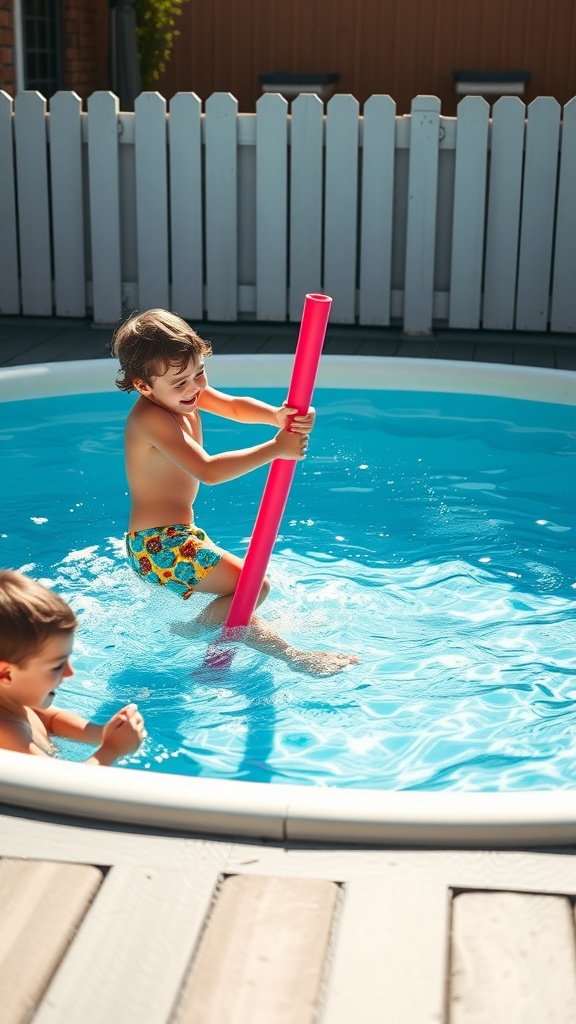 Two children playing pool noodle jousting in a swimming pool.