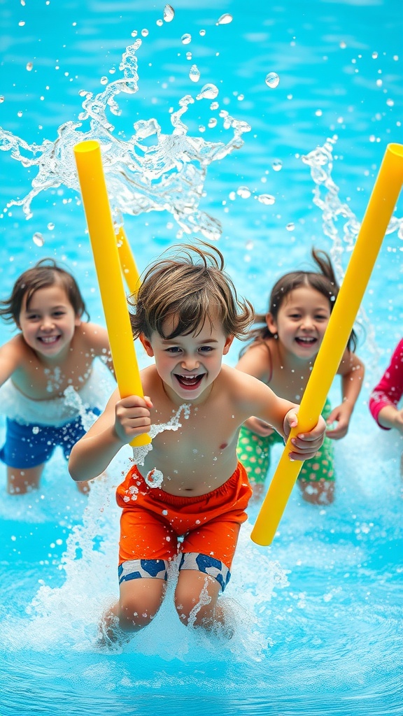 Children racing in a pool with yellow pool noodles, splashing water and smiling.
