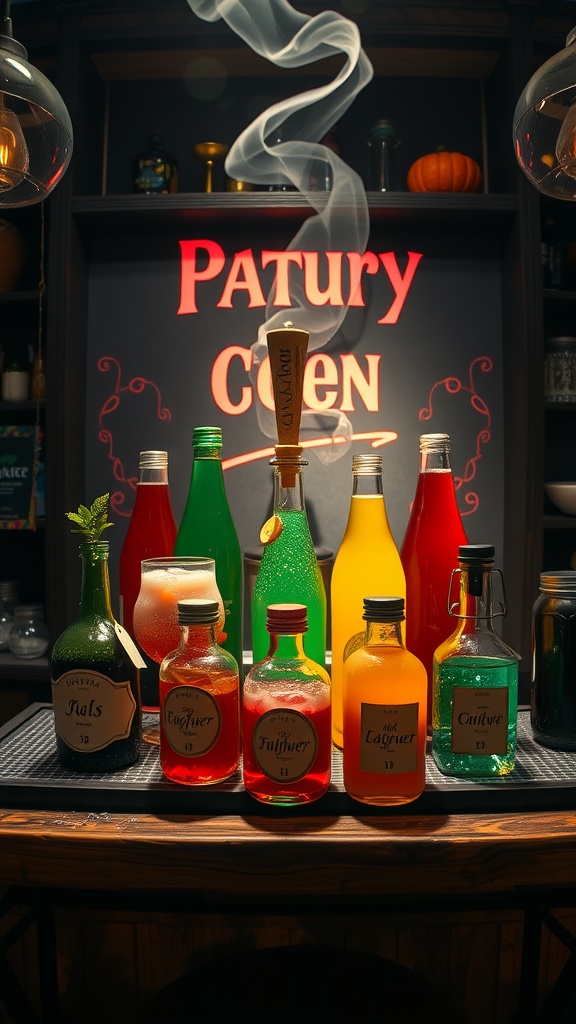 A display of colorful potion bottles with smoke and a sign reading 'Patury Cien'.