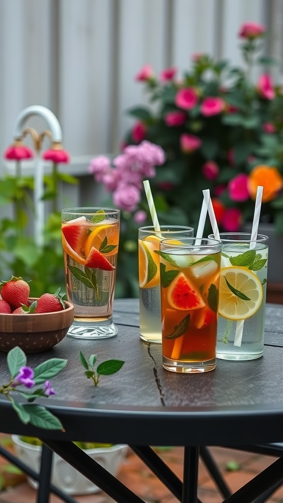 A variety of refreshing garden-themed beverages displayed on a table with fresh fruits and flowers.
