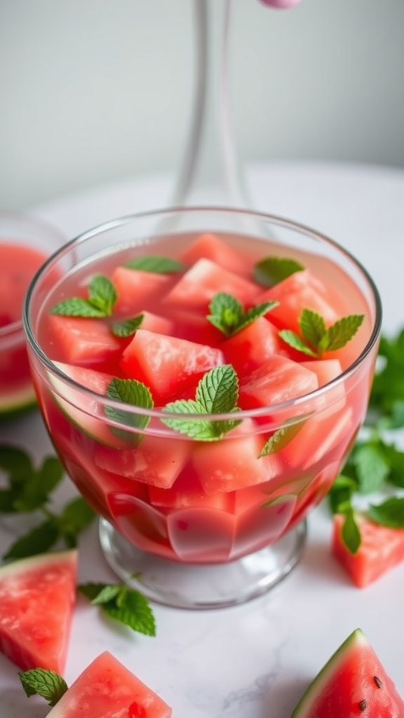 A refreshing bowl of watermelon punch with mint leaves and watermelon cubes