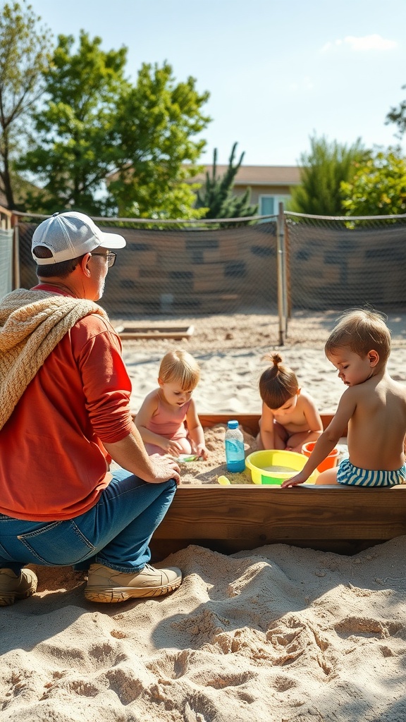 A group of children playing in a sandbox under the supervision of an adult, surrounded by trees.