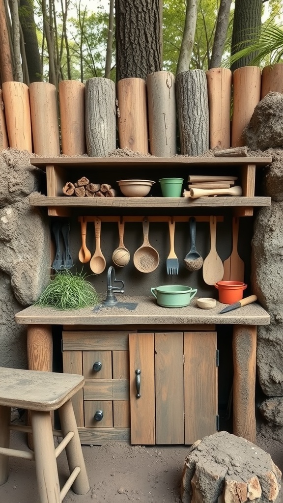 A rustic mud kitchen for kids with wooden shelves, utensils, and natural materials