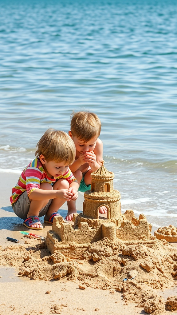 Two children focused on building a sandcastle at the beach.