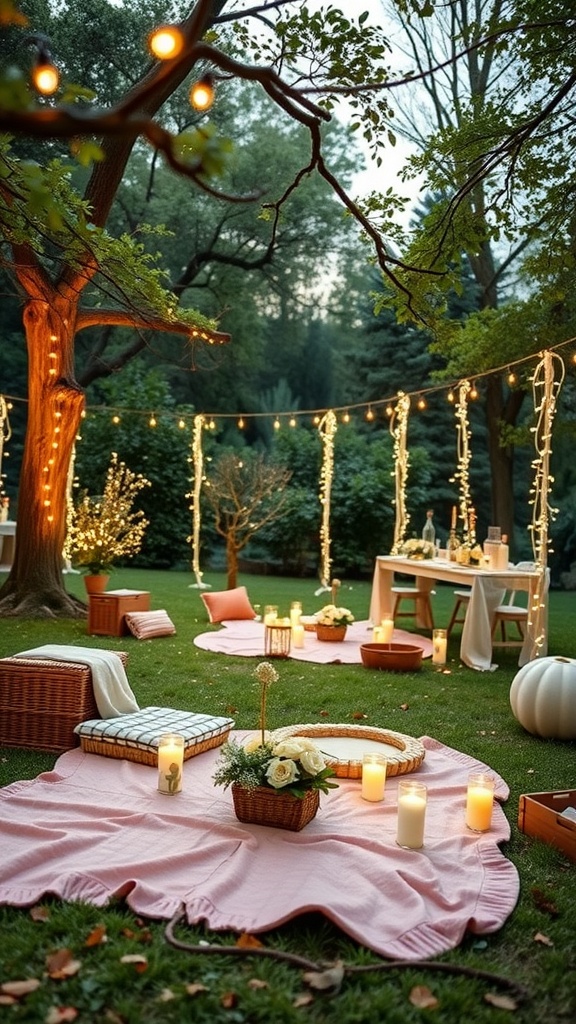 A cozy outdoor baby shower setup with soft lighting, pink blankets, candles, and floral decorations.