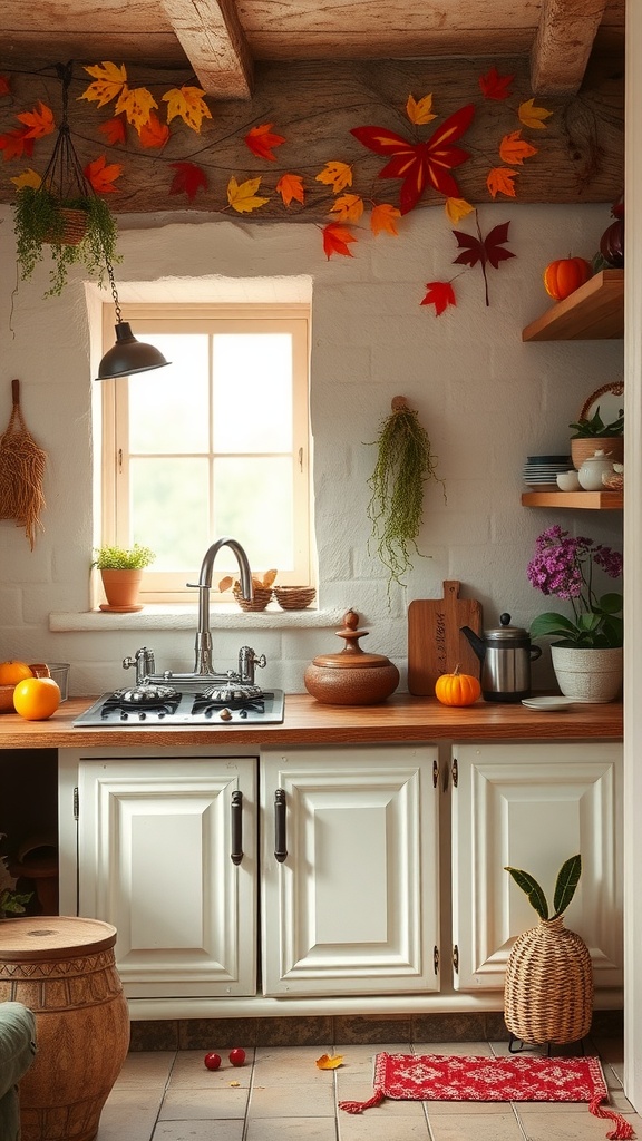 A cozy indoor kitchen decorated with autumn leaves and pumpkins, perfect for seasonal mud kitchen play.