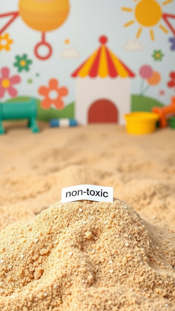 A mound of sand with a 'non-toxic' label, set against a colorful, playful background.