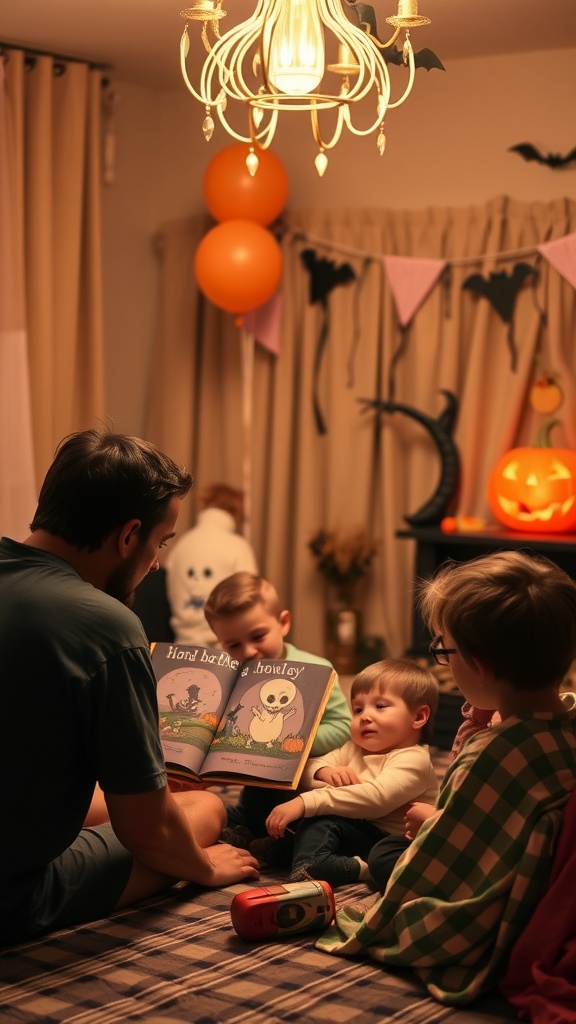 An adult reading a spooky book to children during a Halloween-themed baby shower