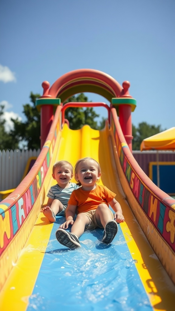 Two kids sliding down a colorful water slide, laughing and splashing in the water.