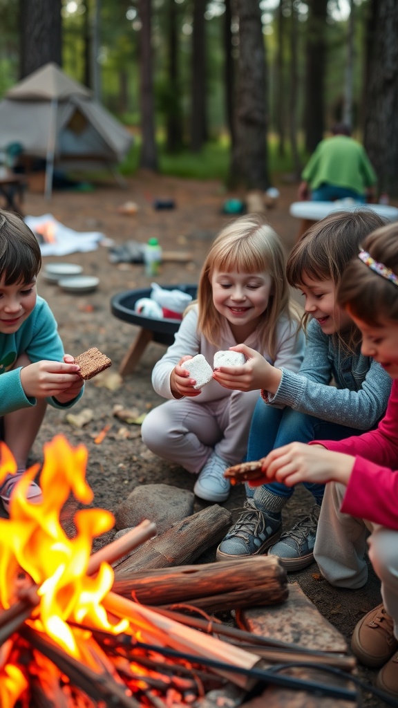 Kids engaged in making s'mores around a campfire