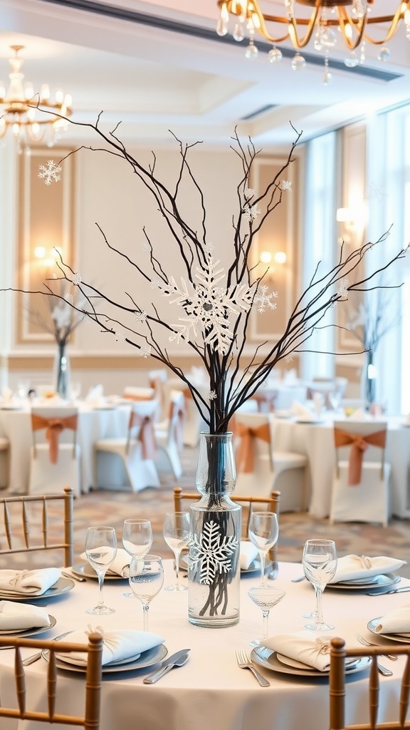 Elegant snowflake-themed centerpiece with black branches and snowflakes in a glass vase.